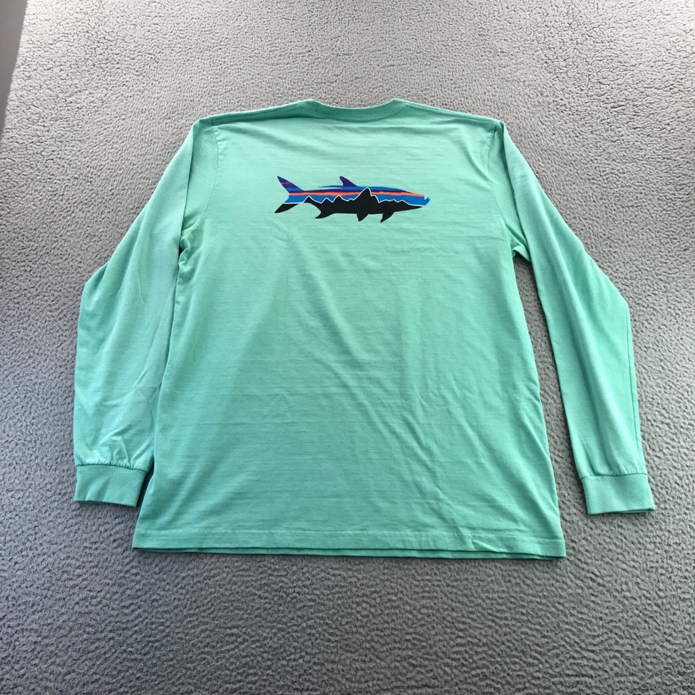 Patagonia Shirt Mens L Aqua Green Shark Fish Logo Long Sleeve Responsibili Tee